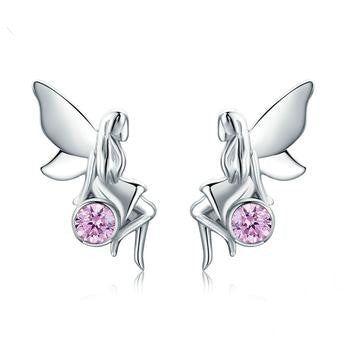 Sterling Silver Flower Fairy Pink Stud Earrings