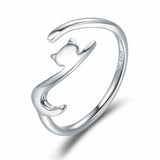 Sticky Cat Ring – 925 Sterling Silver Adjustable Cat Ring with Long Tail for Women 