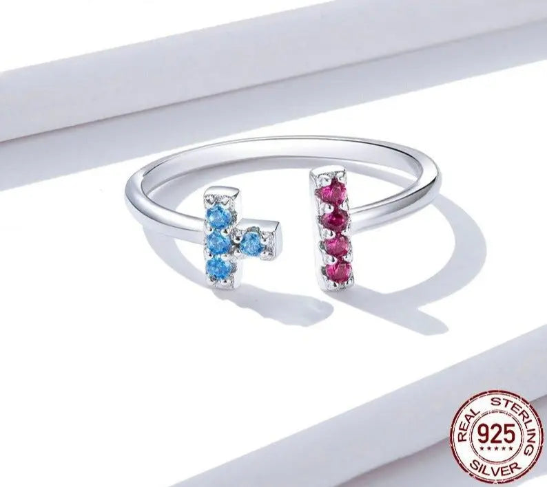 Vibrant Tetris-inspired ring worn as a playful, creative statement piece.