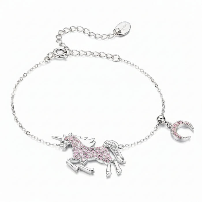Unicorn and moon bracelet in 925 sterling silver with purple sparkle detail