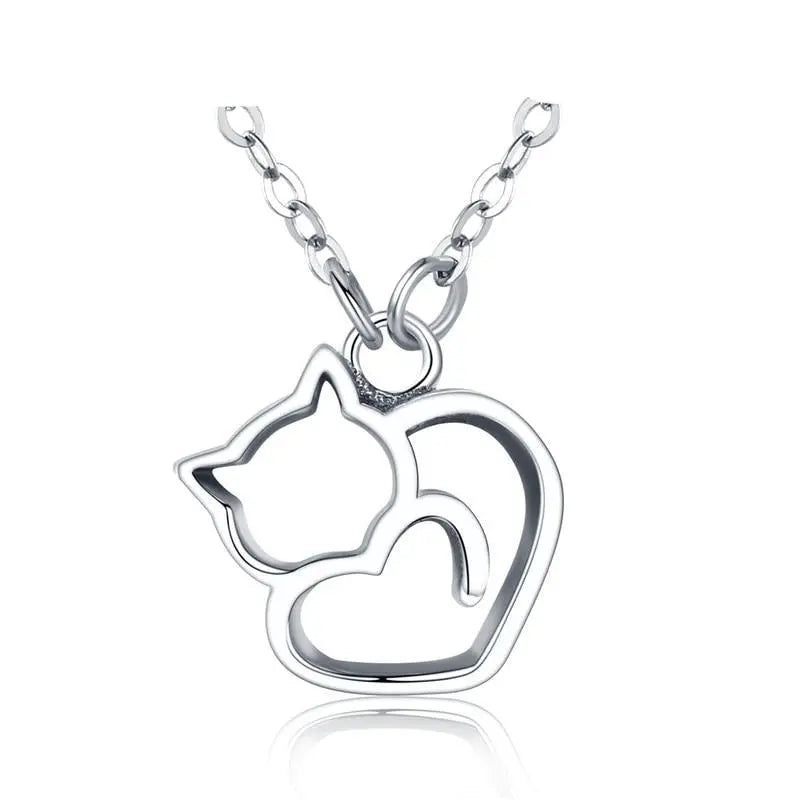 Minimalist cat and heart necklace designs in sterling silver