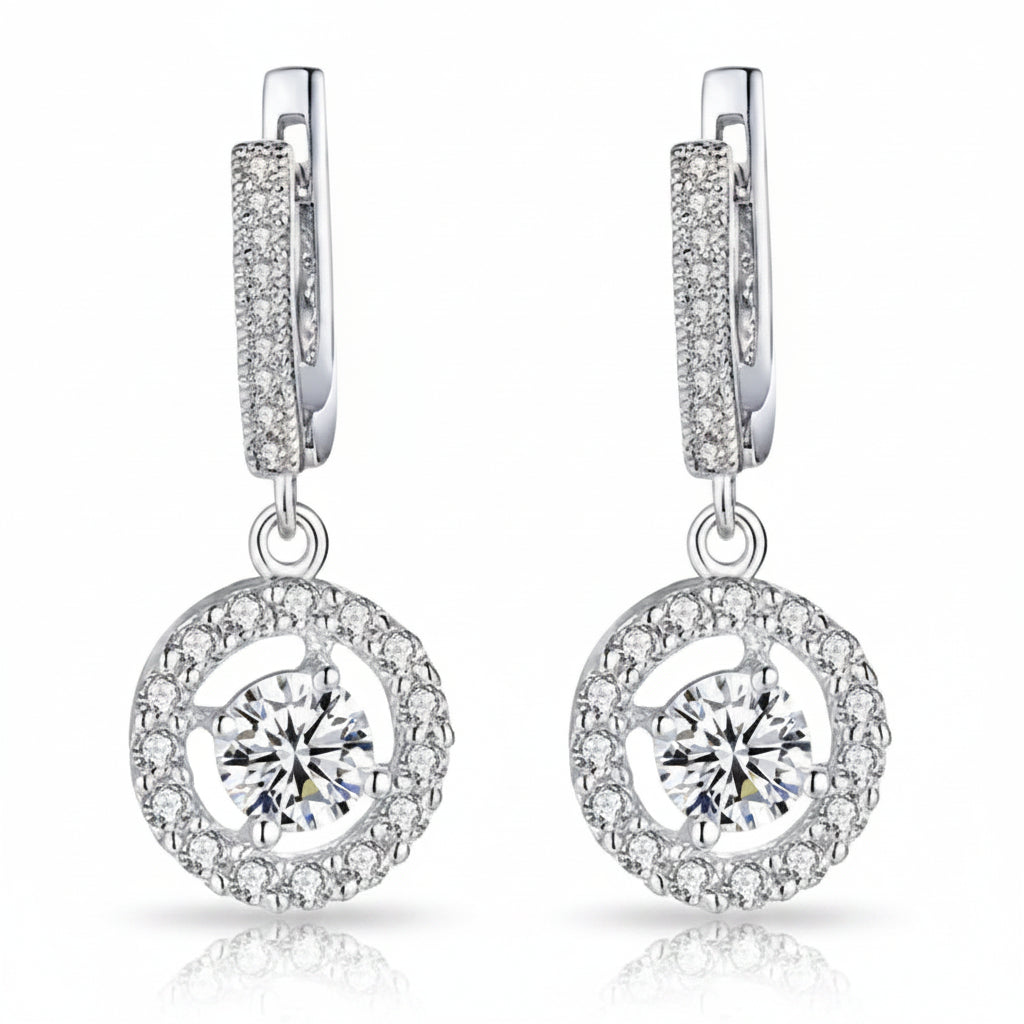 Platinum-plated zirconia drop earrings with copper base