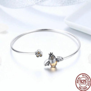 🐝 925 Sterling Silver Bee Bangle – Whimsical Charm with Crystal Sparkle 